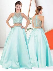 Aqua Blue Prom Dress Prom and Party with Beading High-neck Sleeveless Zipper