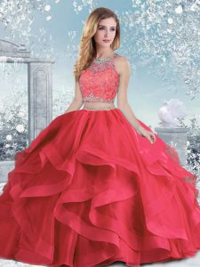 Coral Red Ball Gowns Scoop Sleeveless Organza Floor Length Clasp Handle Beading and Ruffles Sweet 16 Dress