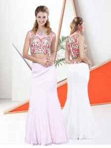 Admirable Two Pieces Evening Dress Pink Scoop Lace Sleeveless Floor Length Zipper