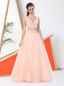 Suitable Peach Sleeveless Tulle Backless Prom Gown for Prom and Party