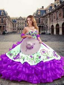 Fancy Eggplant Purple Organza Lace Up Sweetheart Sleeveless Floor Length Quince Ball Gowns Embroidery and Ruffled Layers