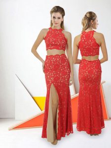 Red Two Pieces Lace Dress for Prom Zipper Lace Sleeveless Floor Length