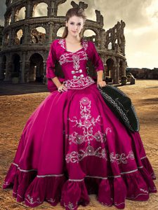 Glittering Beading and Appliques Sweet 16 Dresses Fuchsia Lace Up Long Sleeves Floor Length