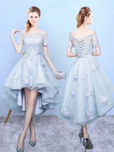 Edgy Light Blue Tulle Lace Up Off The Shoulder Short Sleeves High Low Bridesmaid Dress Lace