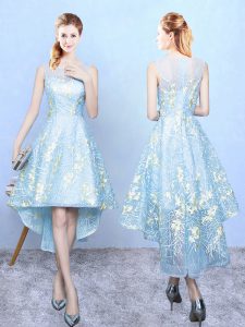 Romantic Sleeveless Organza High Low Zipper Wedding Party Dress in Aqua Blue with Embroidery