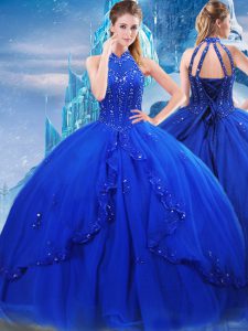 On Sale Royal Blue Ball Gowns Tulle High-neck Sleeveless Beading and Ruffles Lace Up Sweet 16 Dress Brush Train