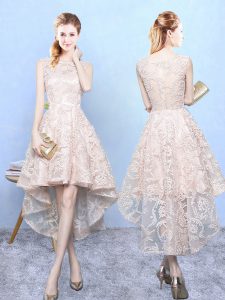 Sumptuous High Low Champagne Bridesmaids Dress Lace Sleeveless Lace