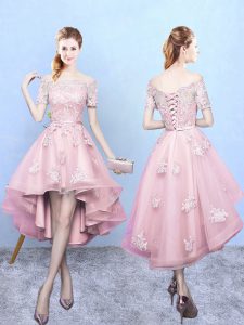 Ideal Baby Pink Lace Up Off The Shoulder Lace Bridesmaids Dress Tulle Short Sleeves