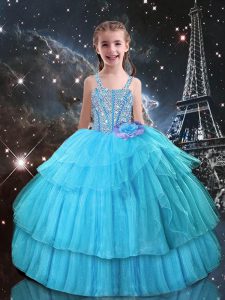Aqua Blue Sleeveless Organza Lace Up Little Girls Pageant Dress for Quinceanera and Wedding Party