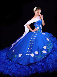 Sleeveless Embroidery and Ruffles Lace Up Quinceanera Dresses with Royal Blue Brush Train
