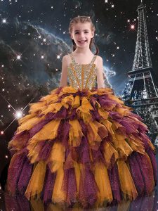 Custom Design Orange Sleeveless Floor Length Beading and Ruffles Lace Up Pageant Dress for Teens