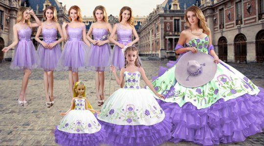 Embroidery and Ruffled Layers 15th Birthday Dress Lavender Lace Up Sleeveless Floor Length