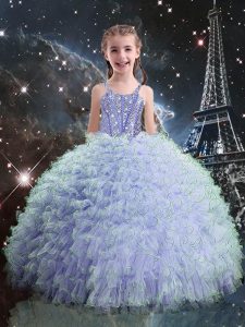 Light Blue Straps Lace Up Beading and Ruffles Child Pageant Dress Sleeveless