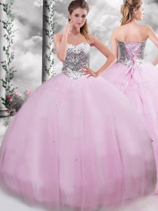 Colorful Lilac Ball Gowns Beading Sweet 16 Dresses Lace Up Tulle Sleeveless