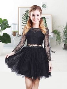 Attractive Black Lace Backless Prom Dresses Long Sleeves Mini Length Beading and Lace