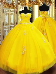 Gold 15 Quinceanera Dress Military Ball and Sweet 16 and Quinceanera with Beading and Appliques Sweetheart Sleeveless La