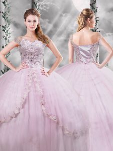 Lilac Side Zipper V-neck Beading and Appliques Sweet 16 Dress Tulle Cap Sleeves Brush Train