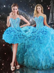 Nice Aqua Blue 15 Quinceanera Dress Military Ball and Sweet 16 and Quinceanera with Beading and Ruffles Sweetheart Sleev