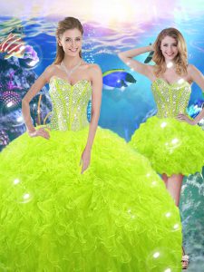 Pretty Yellow Green Lace Up 15 Quinceanera Dress Beading and Ruffles Sleeveless Floor Length