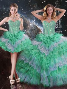 Dazzling Multi-color Ball Gowns Sleeveless Organza Floor Length Lace Up Beading and Ruffles Quinceanera Dress