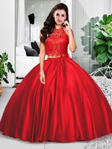 Wine Red Halter Top Zipper Lace and Ruching Ball Gown Prom Dress Sleeveless
