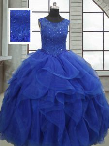 Beautiful Royal Blue Sleeveless Floor Length Ruffles and Sequins Lace Up Ball Gown Prom Dress