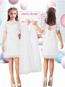 Sweet White Lace Clasp Handle Toddler Flower Girl Dress Short Sleeves Mini Length Lace