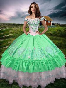Sleeveless Taffeta Floor Length Lace Up Sweet 16 Dresses in Green with Beading and Embroidery and Ruffled Layers