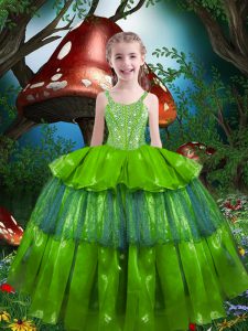 Lace Up Little Girl Pageant Dress Beading and Ruffled Layers Sleeveless Floor Length