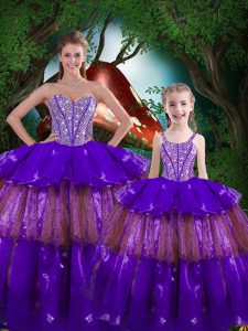 Sweetheart Sleeveless Organza Quinceanera Dress Beading and Ruffled Layers Lace Up