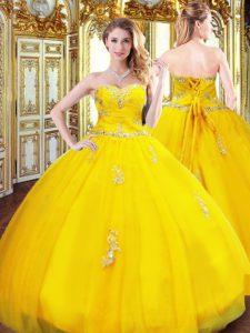 Inexpensive Floor Length Gold Sweet 16 Quinceanera Dress Organza Sleeveless Beading and Appliques