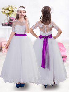 Attractive Lace and Bowknot Flower Girl Dress Pink And White Clasp Handle Short Sleeves Ankle Length