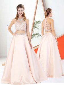New Arrival Floor Length Baby Pink Dress for Prom High-neck Sleeveless Zipper
