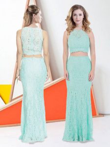 Apple Green Sleeveless Floor Length Lace Zipper Prom Dress