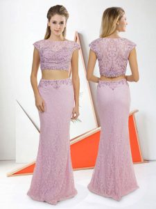 Pink Cap Sleeves Lace Floor Length Prom Dresses