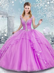 Fantastic Floor Length Lilac 15th Birthday Dress V-neck Sleeveless Lace Up