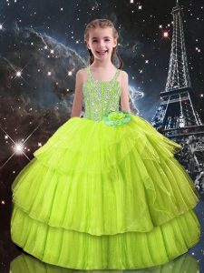 Yellow Green Ball Gowns Beading and Ruffled Layers Little Girls Pageant Dress Wholesale Lace Up Tulle Sleeveless Floor L