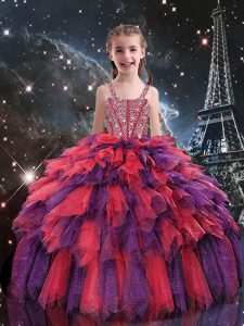 Pretty Ball Gowns Child Pageant Dress Coral Red Straps Tulle Sleeveless Floor Length Lace Up