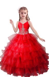 Glorious V-neck Sleeveless Pageant Dress for Girls Floor Length Beading and Ruffled Layers Red Organza
