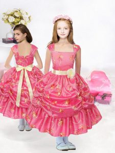 Adorable Cap Sleeves Taffeta Tea Length Zipper Kids Pageant Dress in Rose Pink with Embroidery and Sashes ribbons and Pi