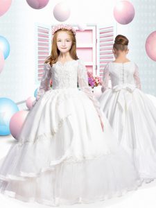 Dazzling White Tulle Lace Up Pageant Dress Womens Long Sleeves Brush Train Lace and Appliques and Ruffled Layers