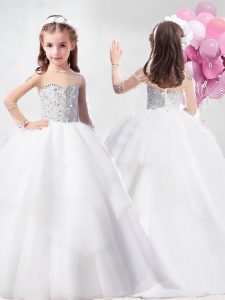 White Custom Made Pageant Dress Tulle Brush Train Long Sleeves Beading and Ruffled Layers