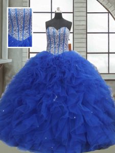 Fantastic Sleeveless Beading and Ruffles and Sequins Lace Up Quince Ball Gowns