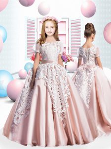 New Arrival Baby Pink Clasp Handle Scoop Lace and Sashes ribbons Glitz Pageant Dress Satin Short Sleeves Brush Train