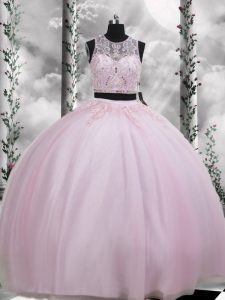 Hot Selling Sleeveless Floor Length Beading and Appliques Zipper Quinceanera Dresses with Baby Pink