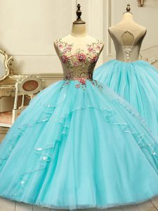 Aqua Blue Lace Up Scoop Appliques Ball Gown Prom Dress Tulle Sleeveless