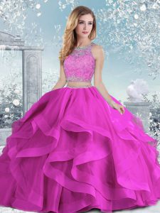 Discount Fuchsia Ball Gown Prom Dress Military Ball and Sweet 16 and Quinceanera with Beading and Ruffles Scoop Sleevele