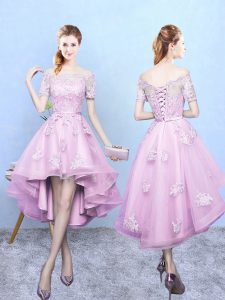 Short Sleeves High Low Lace Lace Up Bridesmaid Dresses with Rose Pink