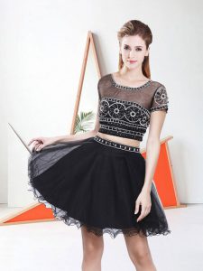 Scoop Short Sleeves Homecoming Dress Mini Length Beading Black Organza