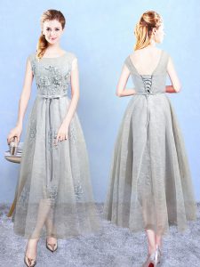 Dynamic Grey Tulle Lace Up Bridesmaid Dresses Sleeveless Ankle Length Appliques